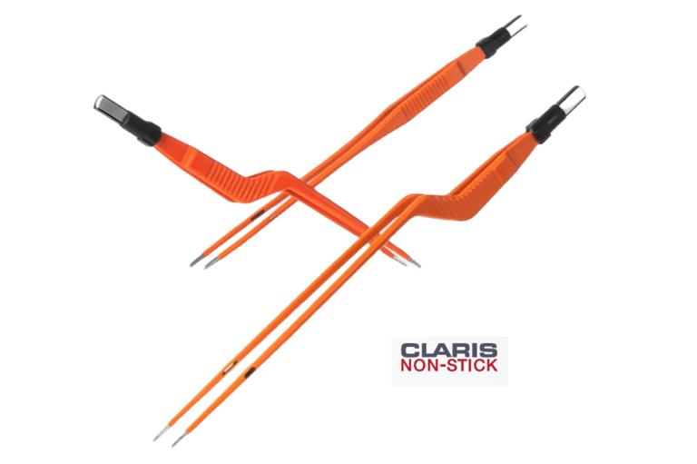 Claris bipolar electrosurgery non-stickforceps Claris bipolar non-stick forceps 3 versions of orange forceps shown - link to pdf of range